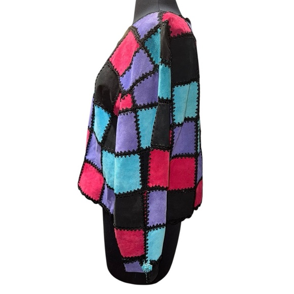 Vintage Suede Patchwork Boho Jacket M/L Jewel Sleeve Crochet Trim Fuchsia Teal - Picture 3 of 7